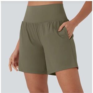 Withered Green Airy Super High Waisted 2-in-1 Yoga Shorts with Pockets, Large